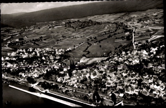 Postcard Faulbach am Main Lower Franconia, aerial view of Faulbach, rural surroundings, road, river, H