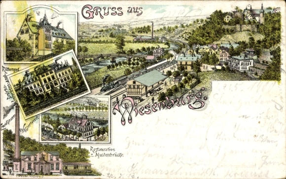 litho Wiesenburg Wildenfels Erzgebirge, landhuis, waterwerken, restauratie b.v. Muldenbrücke, treinstation
