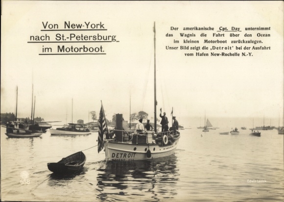 Postcard From New York to St. Petersburg in a motorboat, motor yacht Detroit, Cpt. Day