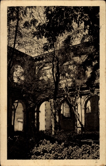 KP Madrid Hiszpania, Claustro de San Jerónimo, drzewa, arkady, czarno-białe zdjęcie