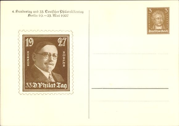 Papeteria pocztowa KP 4. Bundestag i 33. Niemieckie Święto Filatelistów 1927, Heinrich Köhler, GS DR PP 97 C2 03