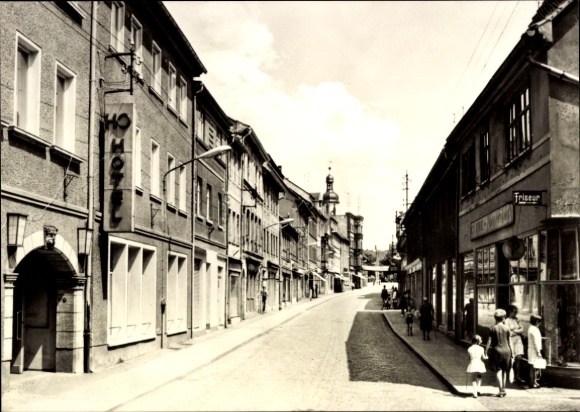 Postcard Eisenberg in Thuringia, city street with hotel, hairdresser, people on the street
