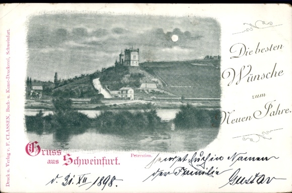 Moonlight Chromo-Litho Schweinfurt in Lower Franconia Bavaria, Peterstirn, night