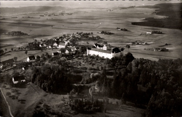 Postcard Kronburg Unterallgäu, aerial view of Kronburg, castle, surroundings, rural landscape