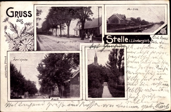 Postcard spot in the district of Harburg, Petrikirche, state church, post office, street section