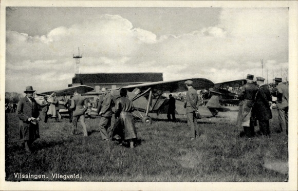 Postcard Vlissingen Zeeland Netherlands, airport, sports aircraft