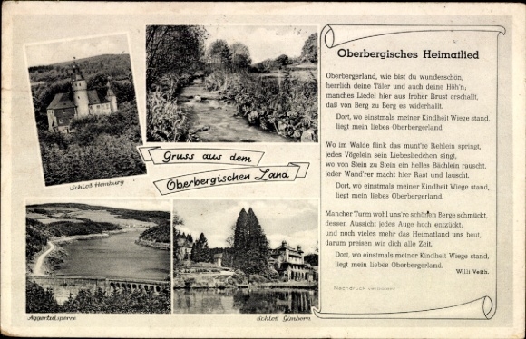 Postcard Nümbrecht in the Oberbergischer Kreis, Homburg Castle, Aggertalsperre, Oberbergisches Heimatlied