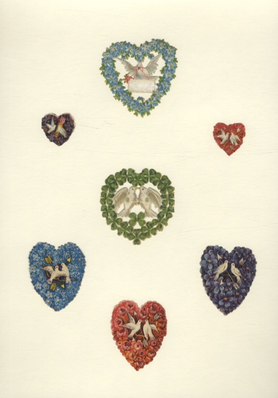 7 wafer flower hearts with white doves, approx. 6 x 6 cm to 2.5 x 2.5 cm