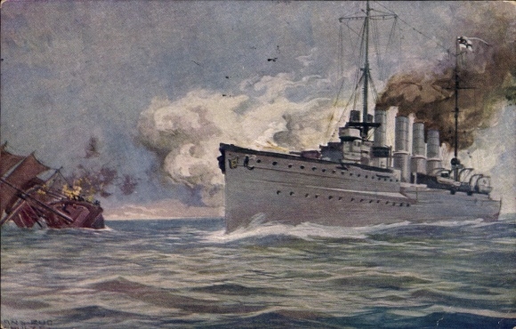 Artist Postcard Schulze, Hans Rudolf, Warship Karlsruhe sinks French sailing ship