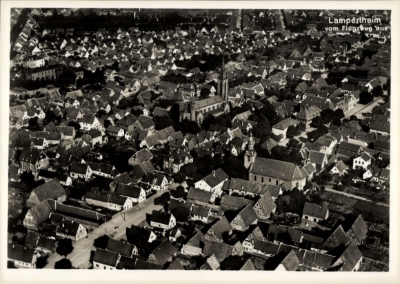 Postcard Lampertheim am Rhein Hessen, aerial view of cityscape, church buildings, residential buildings