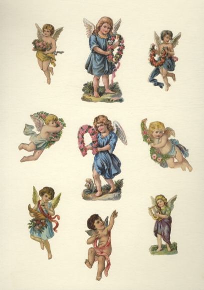 9 wafer angels with flower garlands and harp, approx. 9 x 5.5 cm to 6 x 3 cm