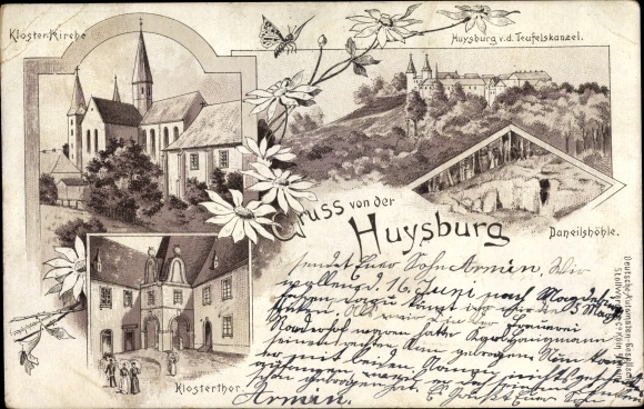 Chromo-Litho Huy am Harz, Huysburg seen from the Teufelskanzel, monastery church, monastery courtyard