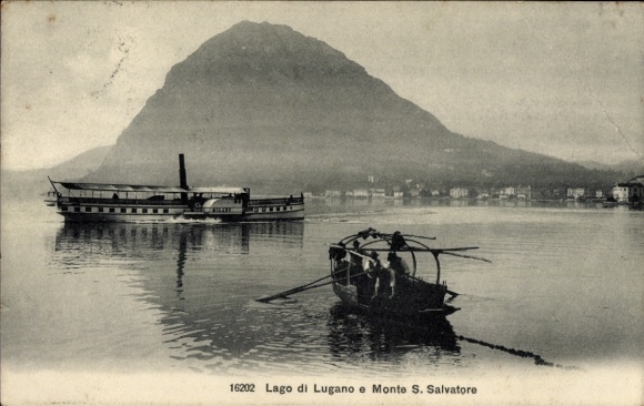 KP Lugano Kt. Ticino Szwajcaria, Lago, Monte S. Salvatore, parowiec Milano