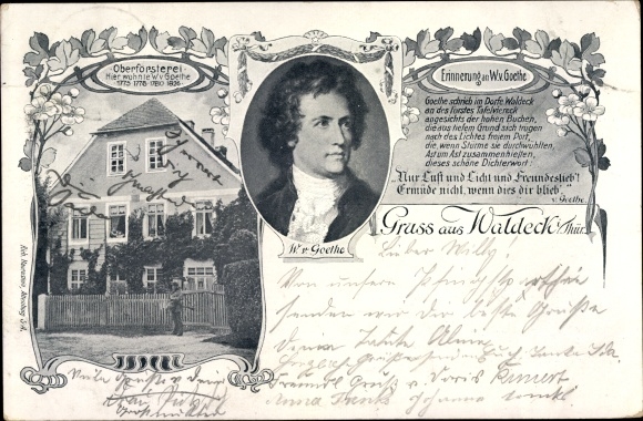 Ansichtkaart Waldeck in Thüringen, schrijver Johann Wolfgang von Goethe, portret, Oberförsterei