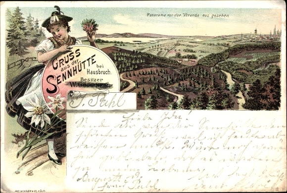 Chromo-Litho Hamburg Harburg Hausbruch, Waldgaststätte Sennhütte, panorama seen from the veranda
