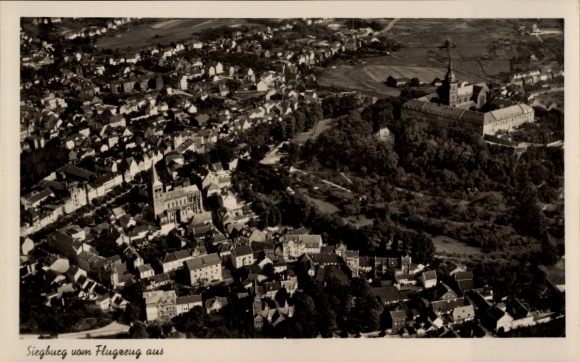 Postcard Siegburg an der Sieg, aerial view of the town and church