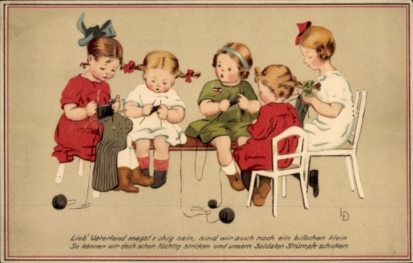 Artist Postcard Döring, L., Children knitting, Dear Fatherland, may you be calm