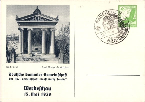 Ansichtkaart Radebeul Saksen, het graf van Karl May, Duitse Verzamelaarsvereniging KDF, reclameshow 1938