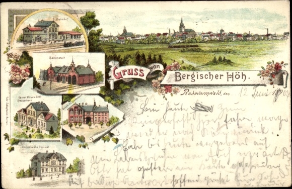 Chromo-Litho Radevormwald, train station, gas station, Kaiser-Wilhelm-Stift hospital, Lindenbaum school, post office