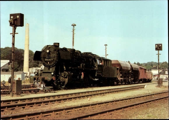 Ak Eisenbahn, stoomlocomotief serie 50.00 op station Bad Doberan, 1980