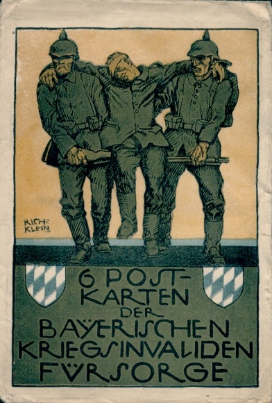 Artist Postcard Klein, R., Bavarian War Invalids Welfare, Wounded Soldier, Coat of Arms