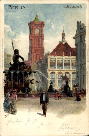 Artist Chromo-Litho Kley, Heinrich, Berlin Mitte, Schlossplatz, Neptune Fountain, Town Hall