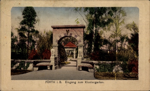 Postcard Fürth im Odenwald, entrance to the monastery garden, trees in the background, stone arch