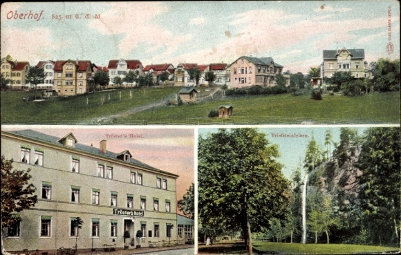 Postcard Oberhof in the Thuringian Forest, Trister's Hotel, Trielsteinfelsen, landscape