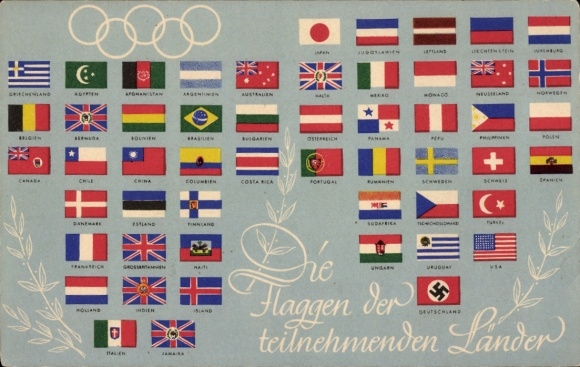 Postcard Olympia Berlin 1936, flags of the participating countries