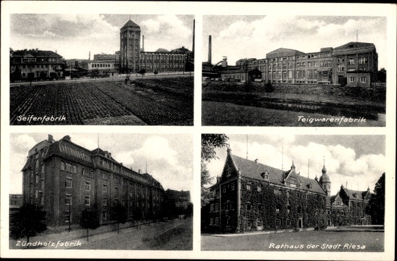 Postcard Riesa on the Elbe Saxony, soap factory, pasta factory, match factory, town hall