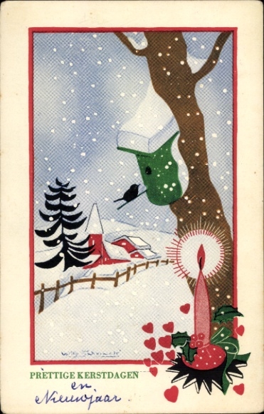 Artist Postcard Schermele, W., Congratulations Christmas, birdhouse, candle
