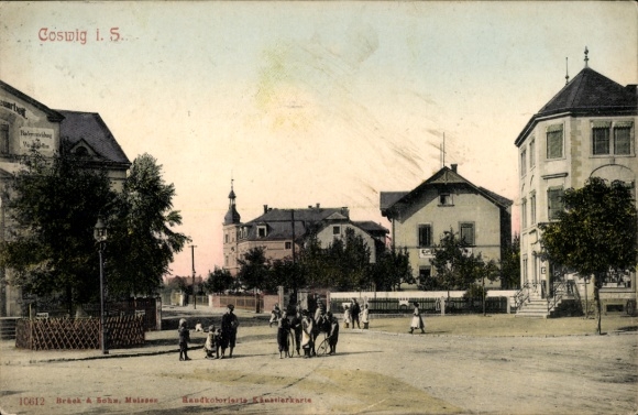 Postcard Coswig in Saxony, street, passers-by