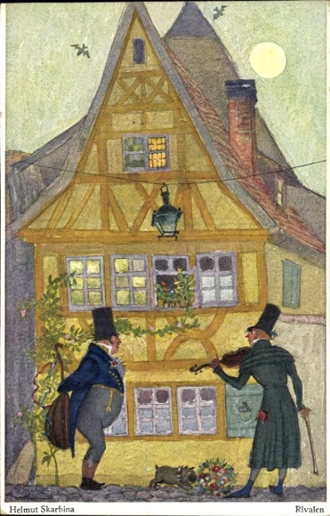 Artist PC Skarbina, Helmut, rivals, two men play music under a window