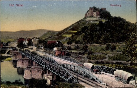 Ak Bad Münster am Stein Ebernburg, brug, huifkar, Nahe