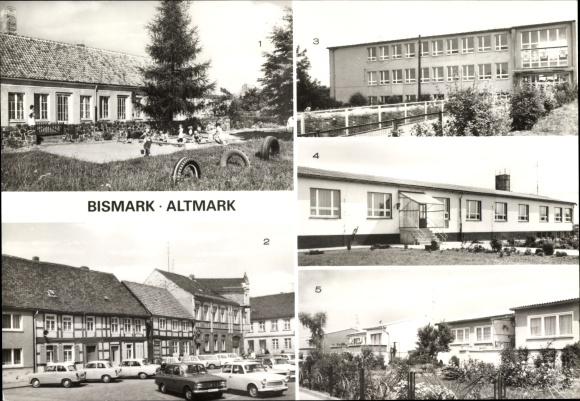 Postcard Bismark in d. Altmark, crèche, Werner Seelenbinder high school, apprentice dormitory, Steinbett