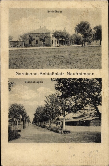 Postcard Neufreimann Munich, garrison shooting range, shooting house, stand systems