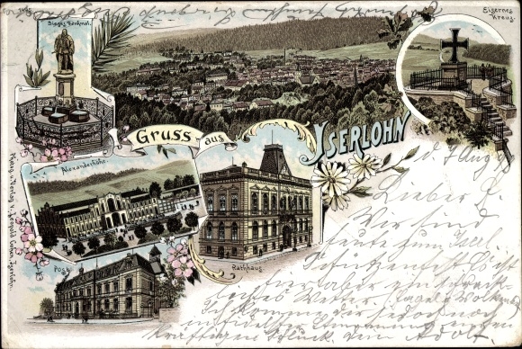 litho Iserlohn in de Märkisches Kreis, Overwinningsmonument, Postkantoor, Alexanderhöhe, IJzeren Kruis, Totaal