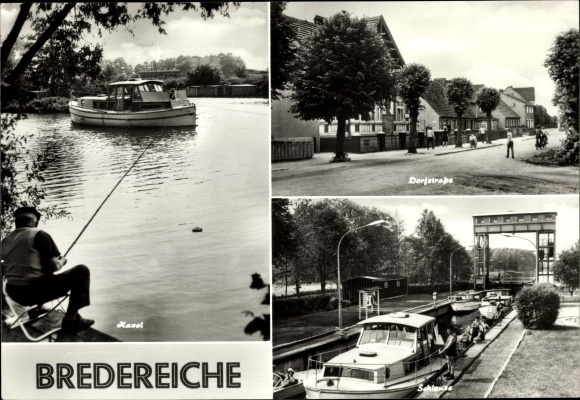 Postcard Bredereich Fürstenberg on the Havel, anglers on the Havel, Dorfstraße, lock