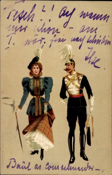 Litografia Elegancka dama, mężczyzna w mundurze, hełm z piór, buty, oficer