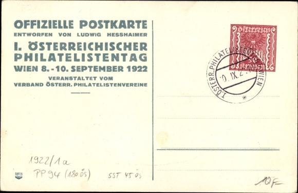 Briefkaart Wenen, PP 94, 1e Oostenrijkse Filatelistische Dag 1922