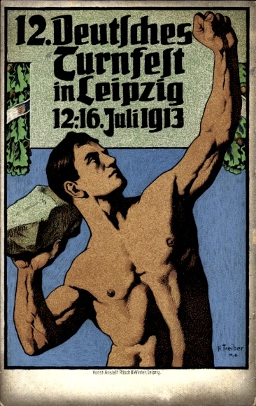 Artist Postcard Treiber, H., 12th German Gymnastics Festival in Leipzig 1913, The Stone Thrower