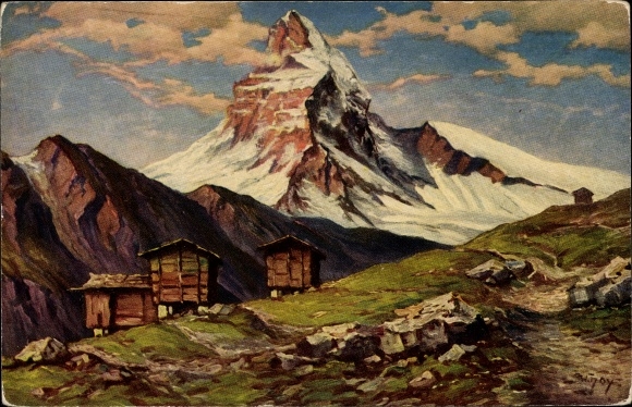 Kunstenaar Ak Hoy, W., Gezicht op de Matterhorn, houten hutten