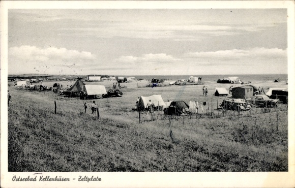 Postcard Ostseebad Kellenhusen in Holstein, campsite with tents, coastal view, clouds, Baltic Sea