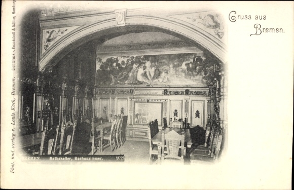 Postcard Schnoor Bremen, Rathskeller, Bachuszimmer, tables, chairs, mural