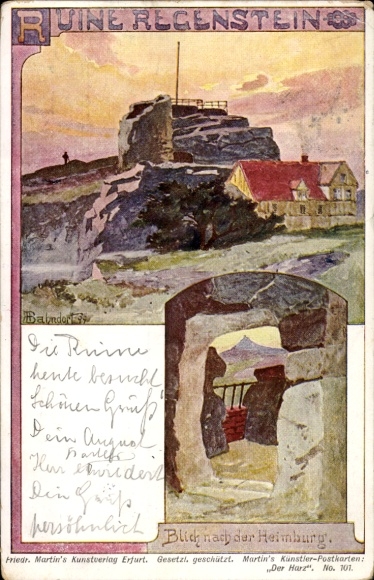 Kunstenaar Ak Bahndorf, Heribert, Blankenburg Saksen Anhalt, Ruïne Regenstein, Uitzicht en Heimburg