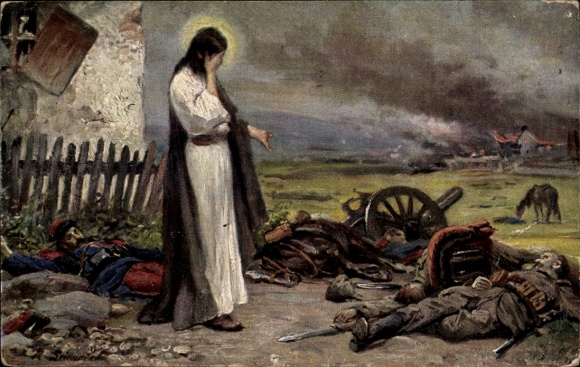 Artist Postcard Leinweber, I have pity on the people, fallen French and German soldier