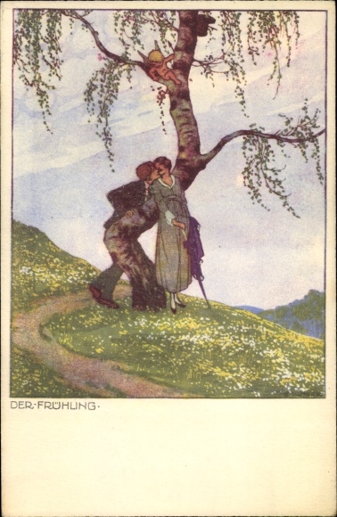 Postcard allegory, spring, angels on a tree, lovers
