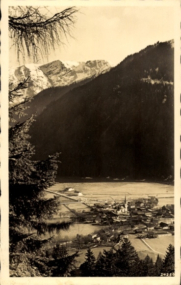 Postcard Bayrischzell in the Mangfall Mountains Upper Bavaria, mountain landscape with town, snow-covered mountains, valley,