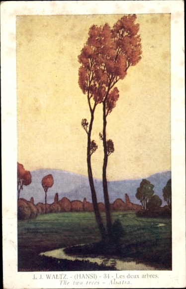 Artist Postcard Hansi Jean Jacques Waltz, Alsace, The two trees, Two trees