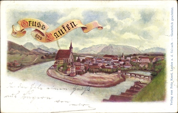 Künstler Ak Laufen Salzach im Berchtesgadener Land, Totalansicht der Ortschaft, Gebirge, Kirche